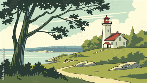 White navigation beacon tower with a house and a church on a green landscape coastline