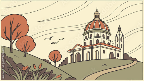 Vector illustration of an old city with churches and historic buildings in Russia