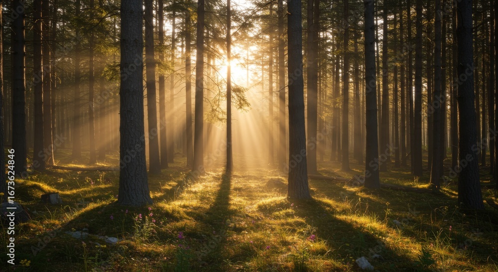 Fototapeta premium Sunbeams Through Misty Forest at Sunrise