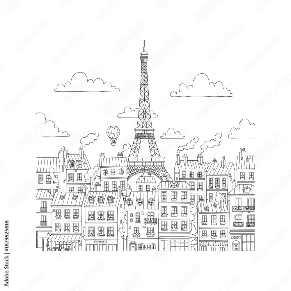Fototapeta premium Paris Cityscape Coloring Page with Eiffel Tower. Cute cartoon illustration of French houses for kids' activity book. 