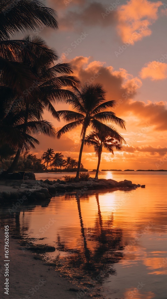 Obraz premium Tropical sunset with palm trees reflecting in the water on a beach