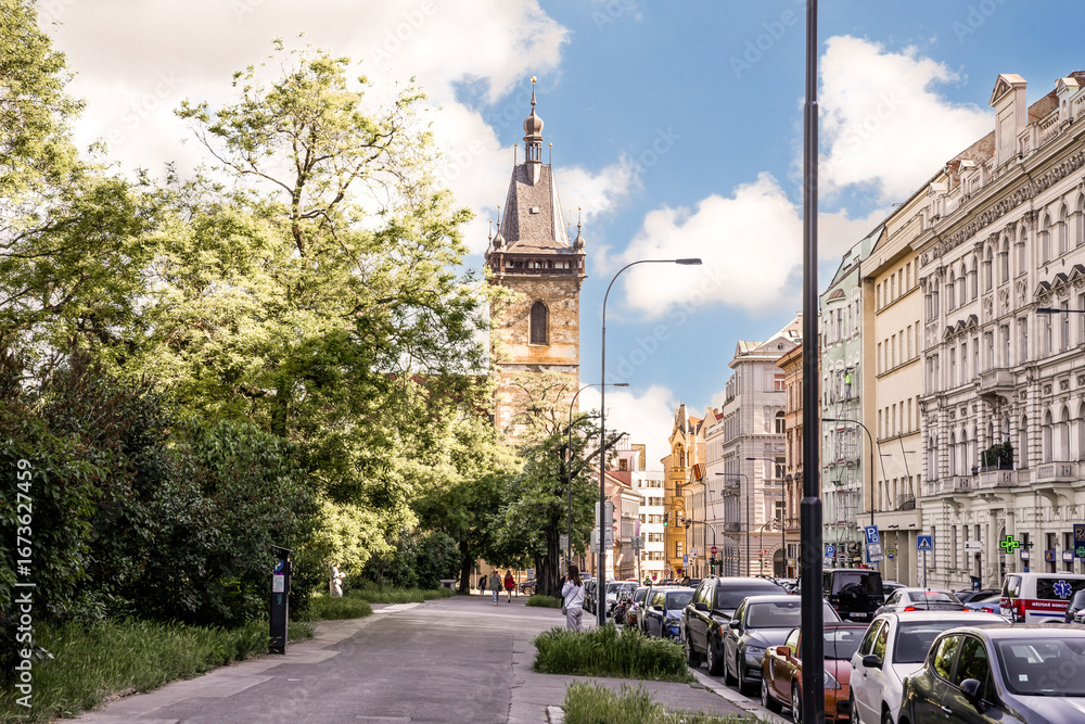 Naklejka premium Well preserved old buildings on Charles Square Street in Pragues Old Town in Czech Republic