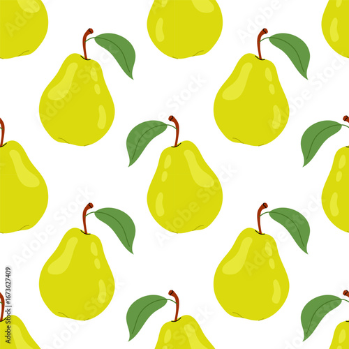 Seamless pattern with green ripe pears on a white background. For textiles, packaging, wallpapers, postcards or covers.