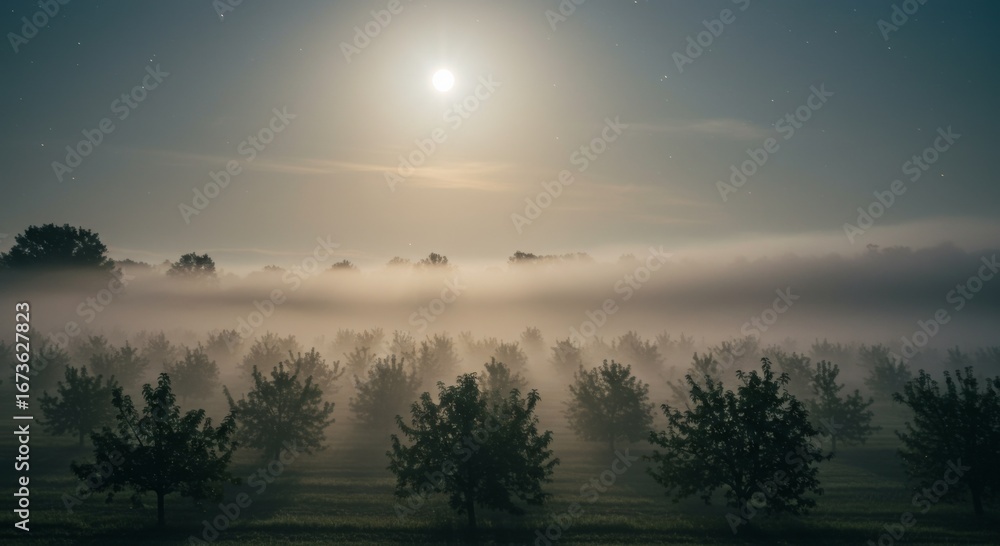 Fototapeta premium Moonlit Orchard Landscape with Fog