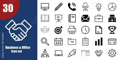 Business and office icon set featuring handshake and various professional symbols for digital platforms