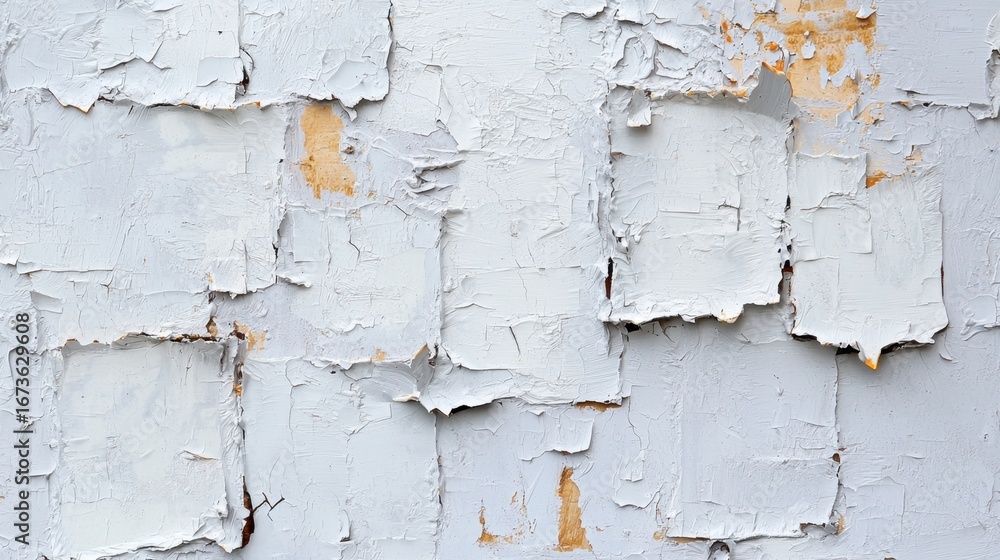 Obraz premium Textured wall featuring peeling paint and faded patches in a well-lit, urban setting with visible signs of wear over time