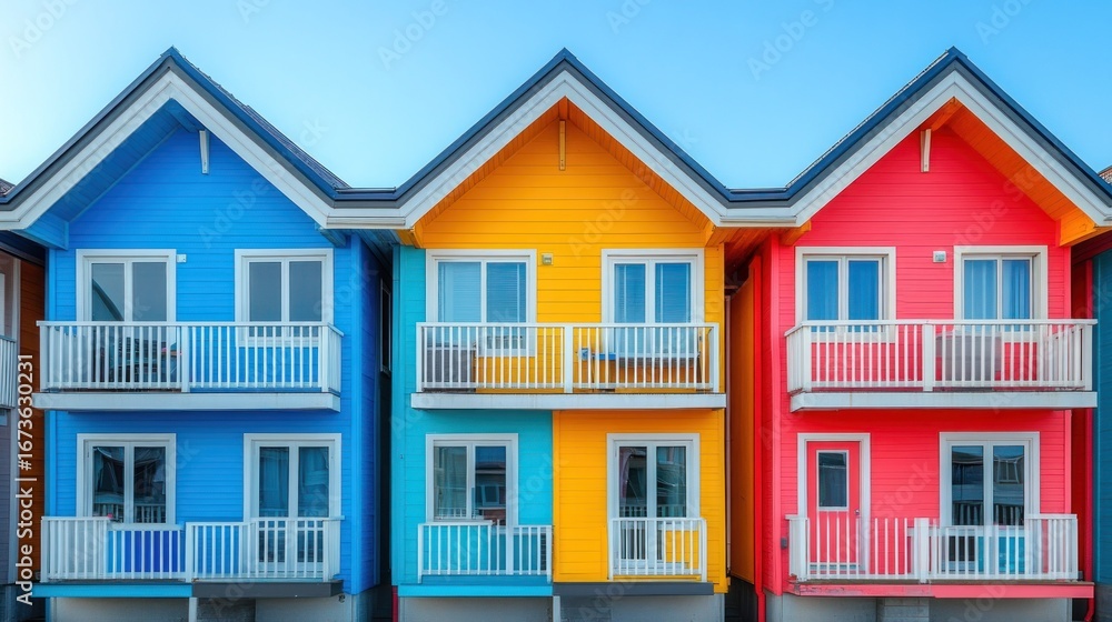 Fototapeta premium Colorful beach houses, seaside row, sunny day, vacation rental