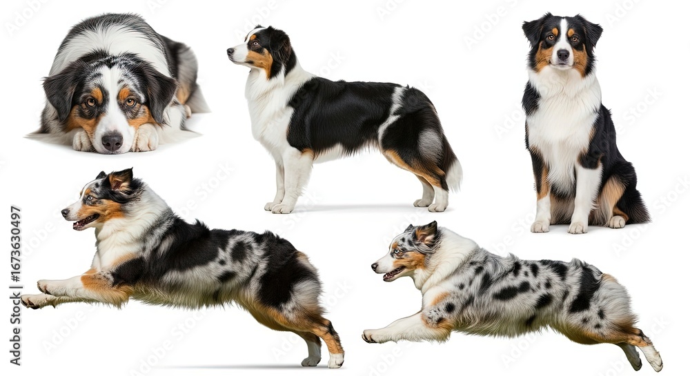 Obraz premium Australian Shepherd dog in different poses on white background 