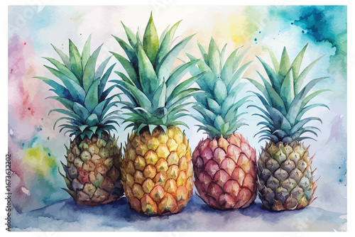 set of Watercolor tropical pineapple fruits