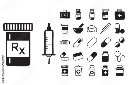 Medical and Pharmaceutical Icons Set Featuring Prescription Bottles, Syringes, Pills, Capsules, and Health Tools in Black and White