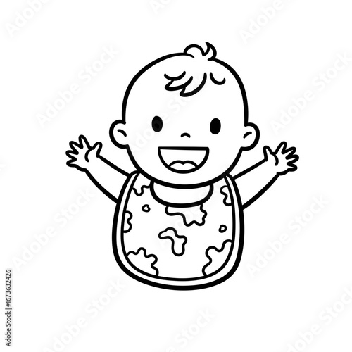 Happy toddler with food stains on bib raising arms in joy  