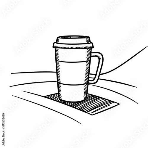 Travel mug placed in car cup holder on dashboard in sketch style  