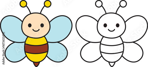 Illustration of a cartoon bee with color and a black and white version side by side for coloring