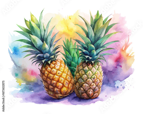 Watercolor tropical pineapple fruits