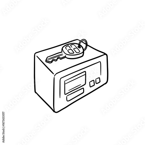 Key fob placed on top of a small safe on a white background  