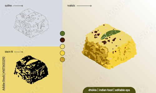 Dhokla Indian food vector in realistic, outline, and black fill icon style. Traditional Gujarati snack made from fermented batter, ideal for culinary, menu, and cultural design projects.