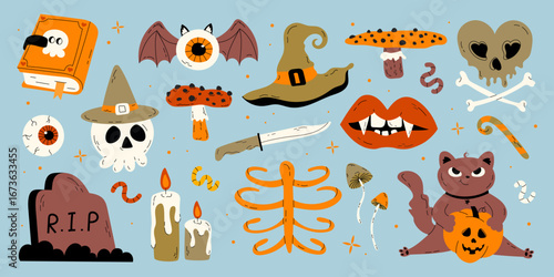 Happy Halloween day element background vector. Cute collection of spooky cat, pumpkin, bat, lollipop, skull, grave, hat, eye, candle. Adorable halloween festival elements for decoration, prints.