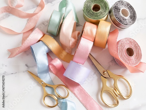 Colorful ribbon rolls and scissors on marble surface for crafting  
