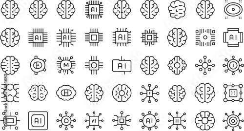 Extensive collection of artificial intelligence and brain-inspired technology line icons representing digital innovation and data processing concepts