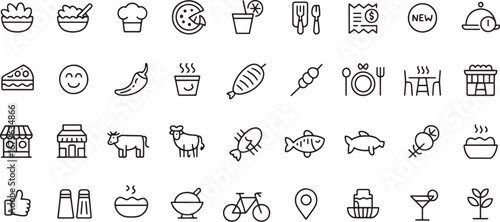 Modern line vector icons featuring diverse food, restaurant, and culinary themes; perfect for illustrating dining experiences, ingredients, and beverage concepts