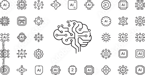 Artificial intelligence thin line icon set featuring a central brain circuit symbol. A collection of modern vector icons for machine learning, deep learning, and futuristic technology