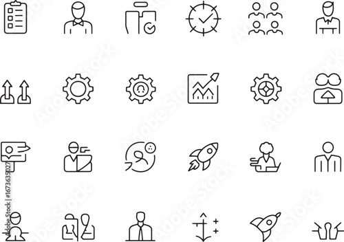 Vector collection of thin line icons for business strategy, project management, startup launch, and team collaboration 73