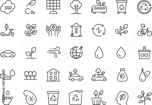 Set of eco-friendly and sustainable icons representing green living, renewable energy, and environmental protection with diverse symbols on a clean background