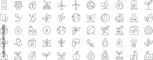 Collection of Outline Style Icons Depicting Sustainable Energy, Green Growth, Environmental Protection, and Eco-Friendly Technologies