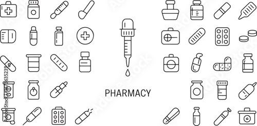 Collection of pharmaceutical and medical icons, including bottles, pills, and medical equipment, representing the pharmacy industry and healthcare services