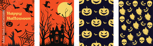 Collection of Halloween themed vector backgrounds featuring pumpkins, skulls, bats, haunted house, spider webs, and full moon night.