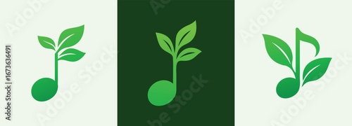 Leaf Music Note Logo Set Nature Sound and Green Melody Icons

