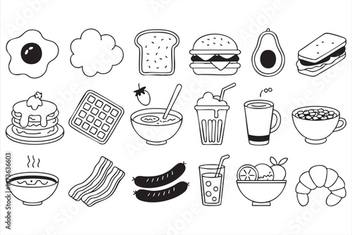 Hand-Drawn Breakfast Icons Set for Cafe and Kitchen Use