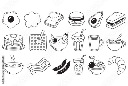 Vector Breakfast Elements Featuring Cups, Plates, and Food