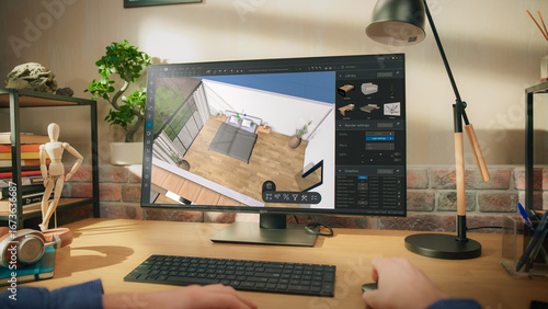 POV of a Person Sitting Behind a Desk, Using Computer with an Interior Design Software. Anonymous Designer Creating a Living Space Layout, Planning and Organizing a Room for a Client