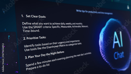 Large Language Model Software Generating Productivity Tips, Emphasizing Goal Setting, Task Prioritization, Consistency and Gradual Progress. Interface with Sleek Design and an AI Chat Logo