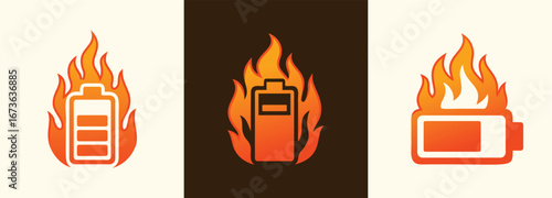 Flaming Battery Logo Set Overheat Electric and Energy Icons

