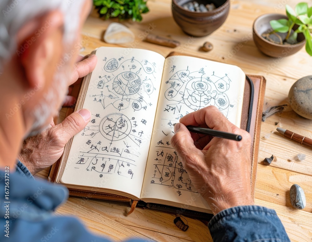 Naklejka premium Senior Man Writing In A Journal With Geometric Patterns