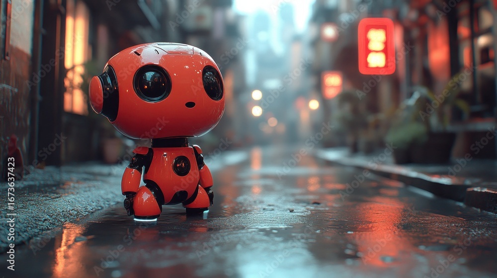 Naklejka premium Cute orange robot in a wet alley