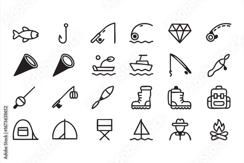 Flat Vector Icons of Fishing Equipment and Outdoor Travel