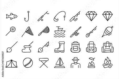 Fishing and Camping Icons Set in Clean Line Vector Style