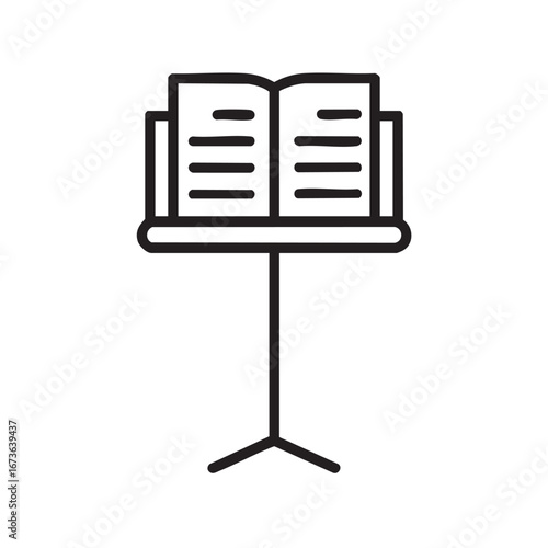 A simple line icon of a book on a music stand.