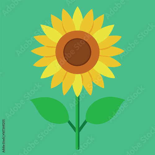 Vibrant flat vector illustration of a sunflower with detailed green leaves