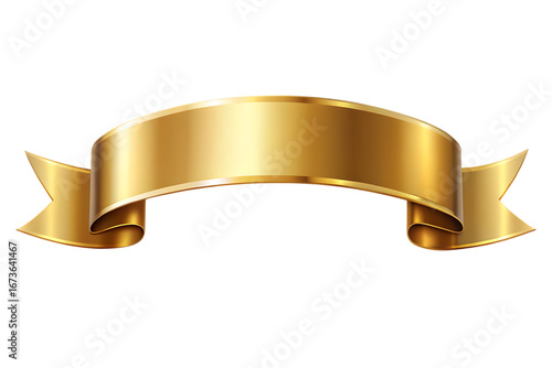 Curved gold ribbon banner with dimensional perspective and lustrous metallic surface creating elegant decorative element, isolated on white or transparent background. PNG 
