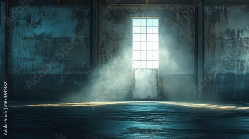 Dusty warehouse window sunlight, grunge background, product display