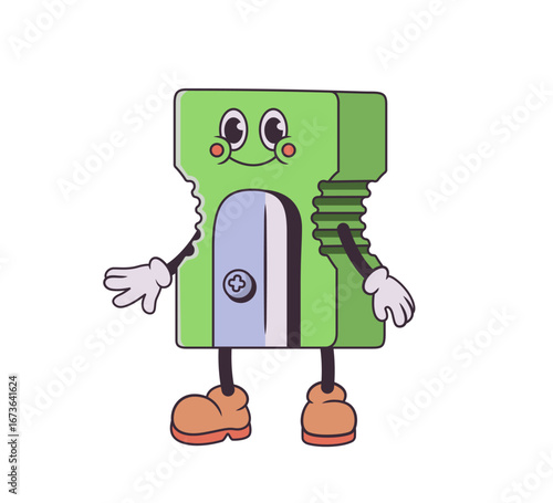Smiling cartoon pencil sharpener character with arms and legs