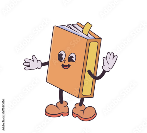 Smiling cartoon book character with bookmark waving.