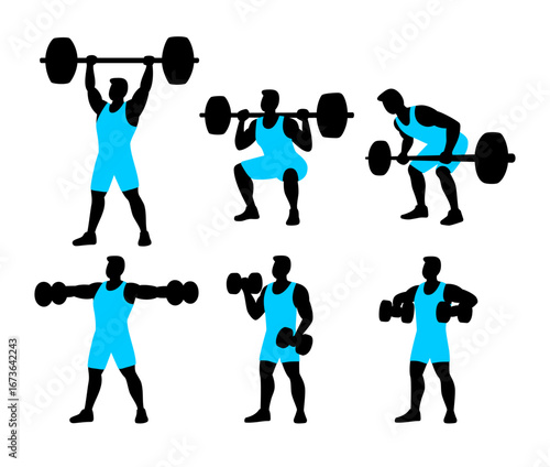 Silhouette of Man Lifting Weights for Fitness Set Collection Simple Illustration