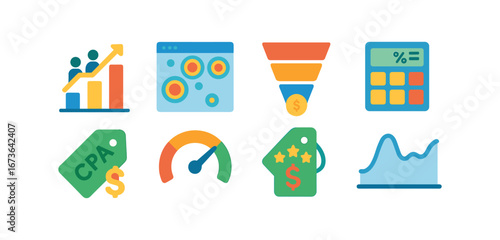 Marketing, finance flat icon set: strategy, analytics, and calculation icons collection