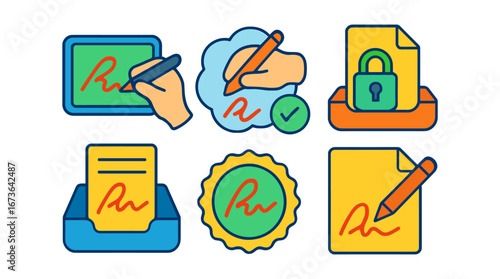 Digital signature icon set. secure, authenticated e-signatures outline illustrations