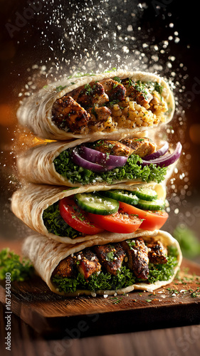 Stack of Chicken Wraps with Fresh Vegetables and Herbs